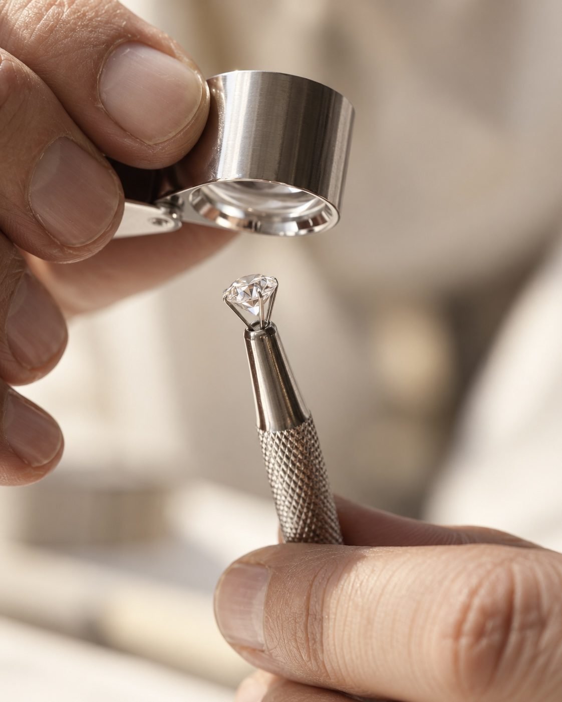 A diamond held in a prong tool and inspected under a loupe